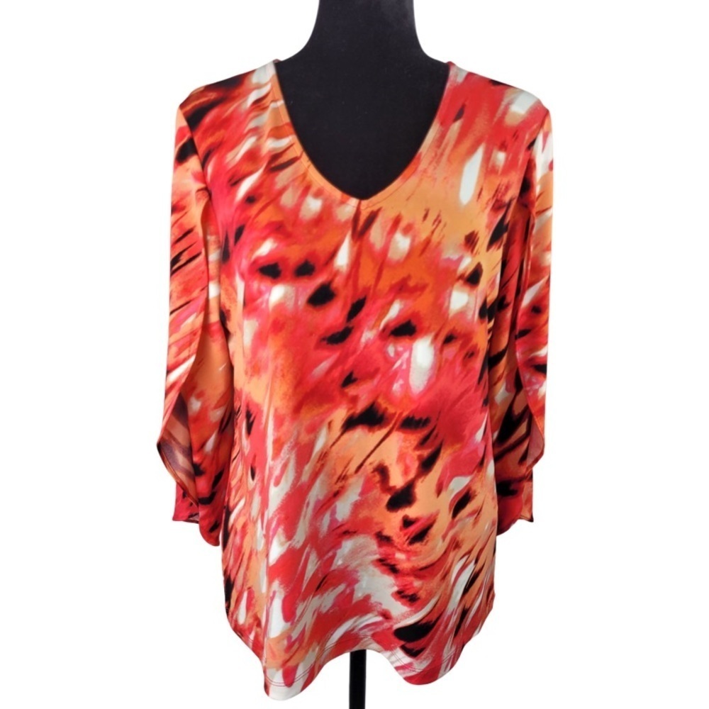 ✅ Calvin Klein woman's orange printed elbow flutter sleeves blouse size M